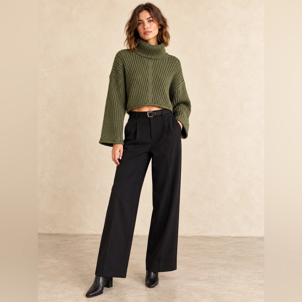 Zara Women’s Cropped Turtleneck Sweater Size S Olive Green Ribbed Knit